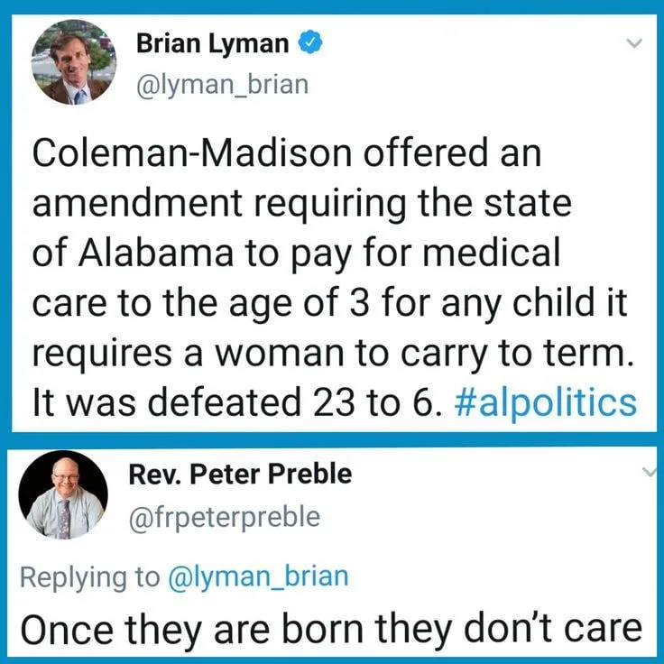The image displays two Twitter posts. The top post by Brian Lyman details an amendment defeated in Alabama that would have…