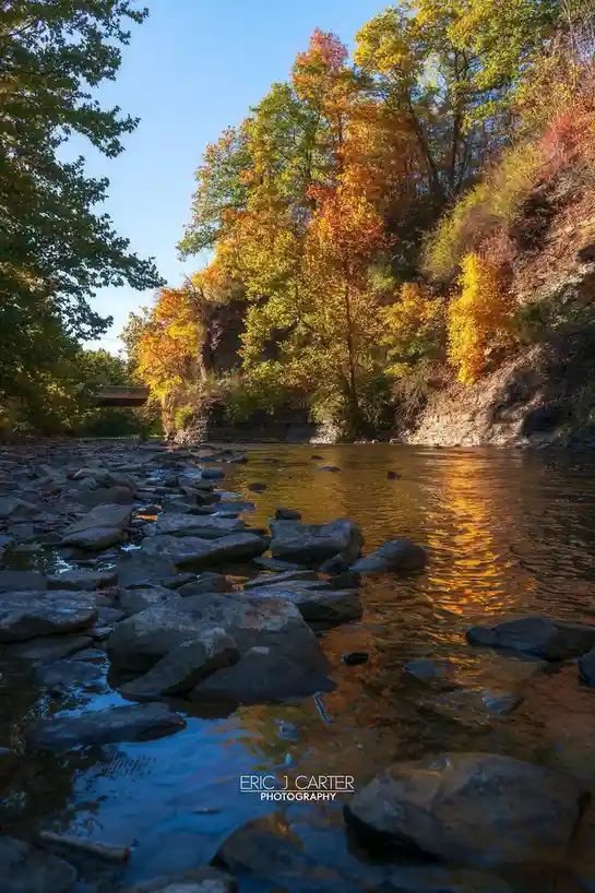 A serene autumn landscape photograph showing a shallow river with large rocks, surrounded by trees displaying vibrant…