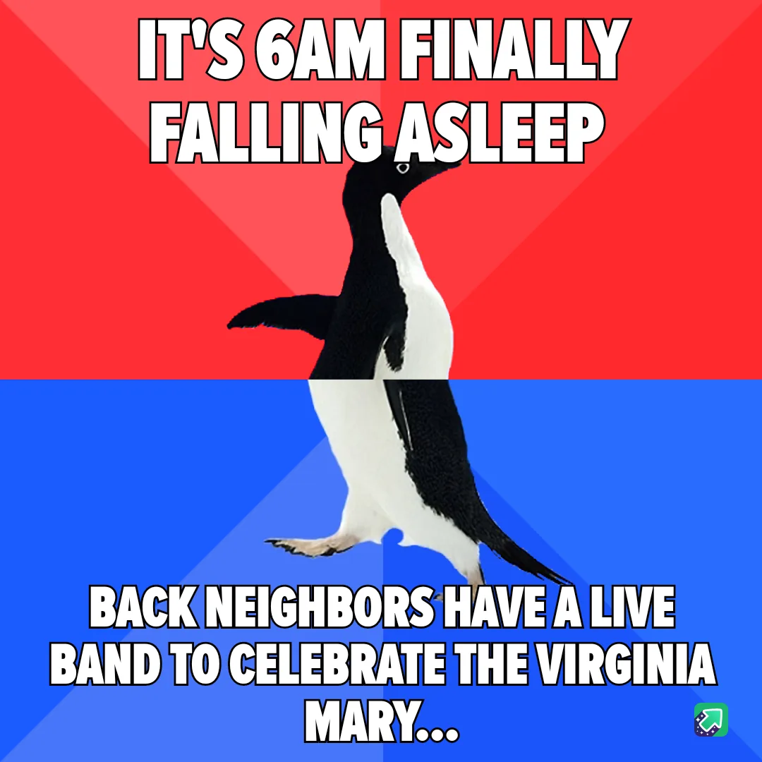 A penguin stands against a red and blue background, with white text at the top reading 'IT'S 6AM FINALLY FALLING ASLEEP' and…