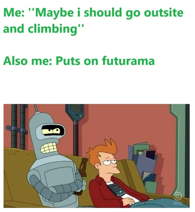 The image shows two characters from the animated show Futurama sitting on a couch. On the left is the robot Bender, holding…