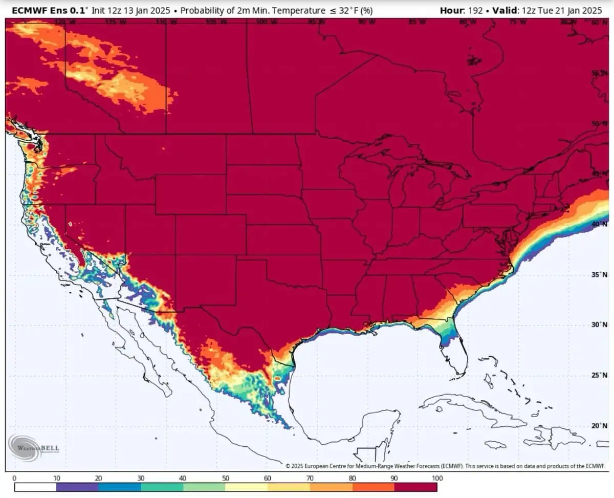 A weather map from WeatherBell shows a forecast for the U.S. on Jan 21, 2025, depicting the probability of temperatures…