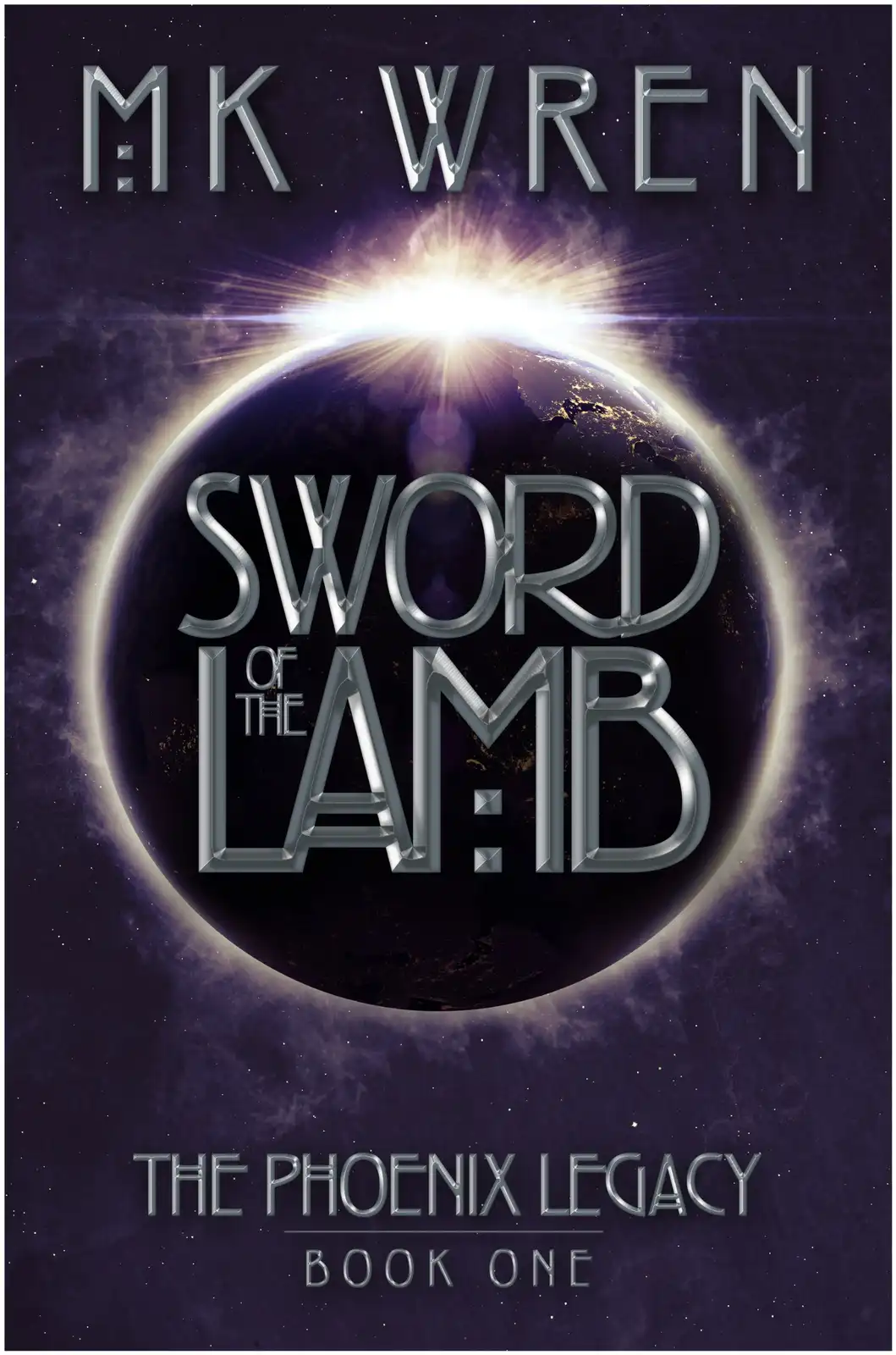 The image is a book cover featuring a planet with a bright sunburst behind it, overlaid with metallic silver text. The…