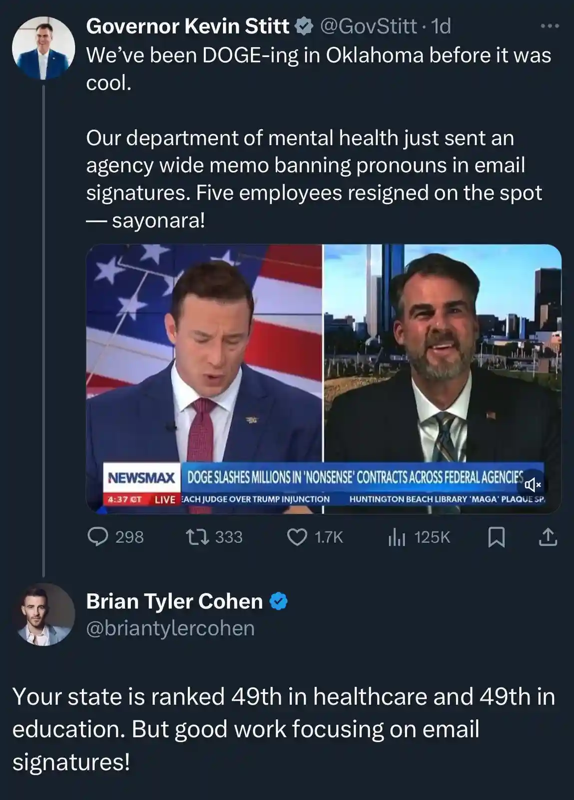 A screenshot of a Twitter thread shows Governor Kevin Stitt boasting about banning pronouns in email signatures in Oklahoma…