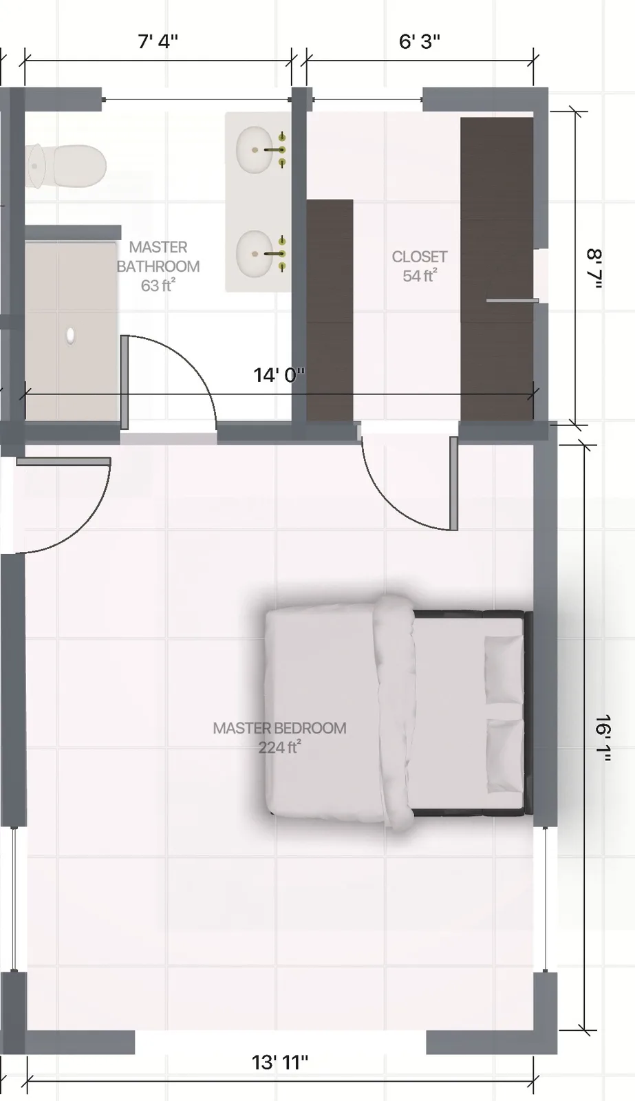 A floor plan of a master bedroom labeled 224 ft² with a bed, a closet labeled 54 ft², and a master bathroom labeled 63 ft²…