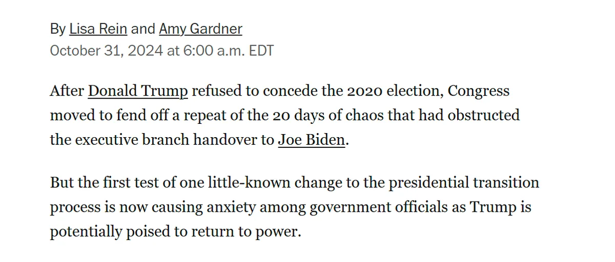 A screenshot of a news article by Lisa Rein and Amy Gardner dated October 31, 2024, discussing how Congress prepared to…