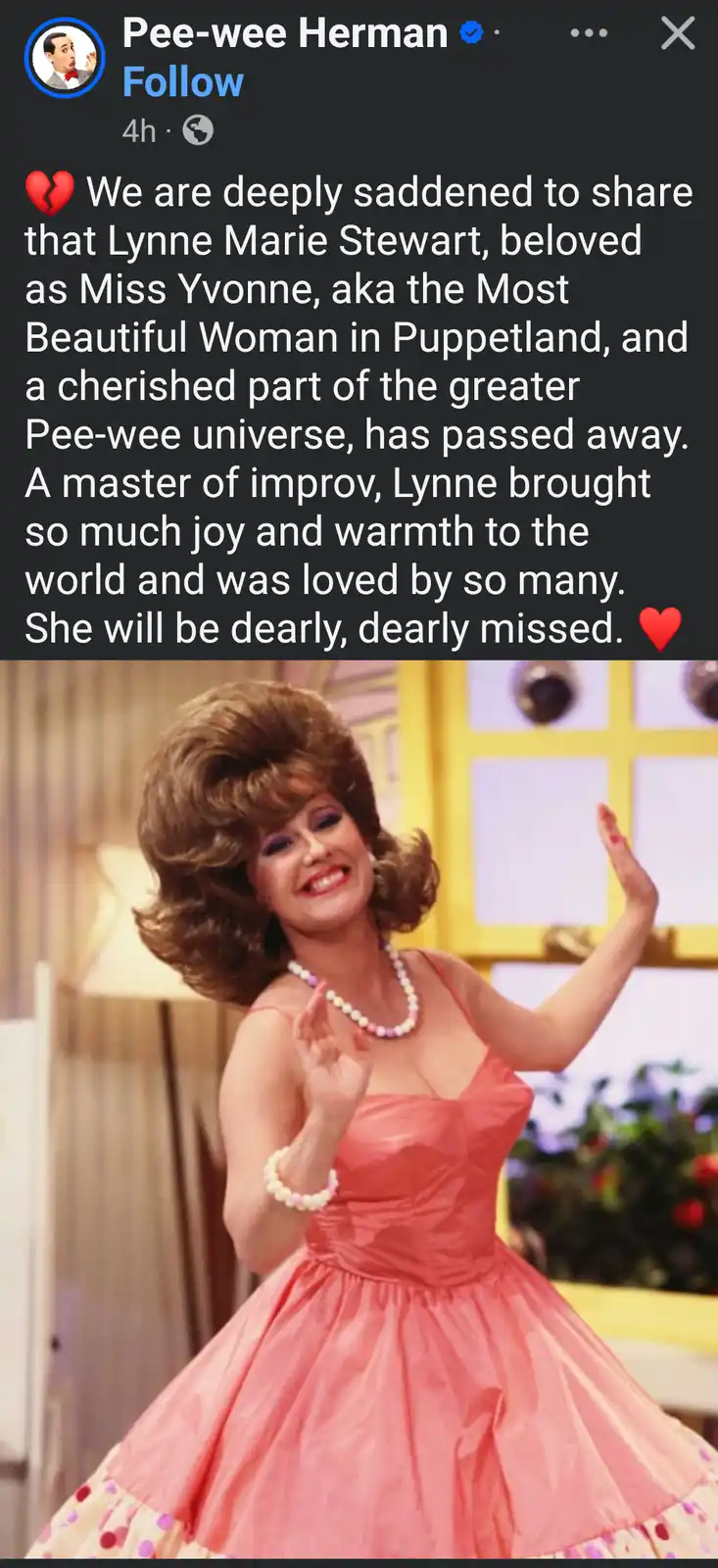 An Instagram post by Pee-wee Herman features a photo of Lynne Marie Stewart, known as Miss Yvonne from 'Pee-wee's…