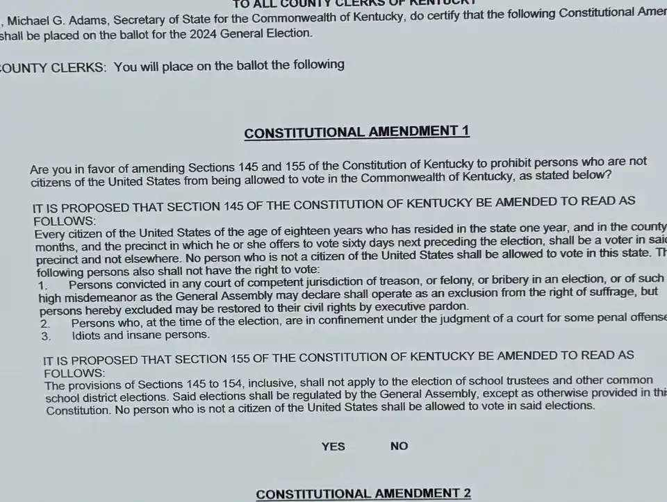 The image displays a formal-looking Kentucky ballot amendment document titled 'CONSTITUTIONAL AMENDMENT 1' and…