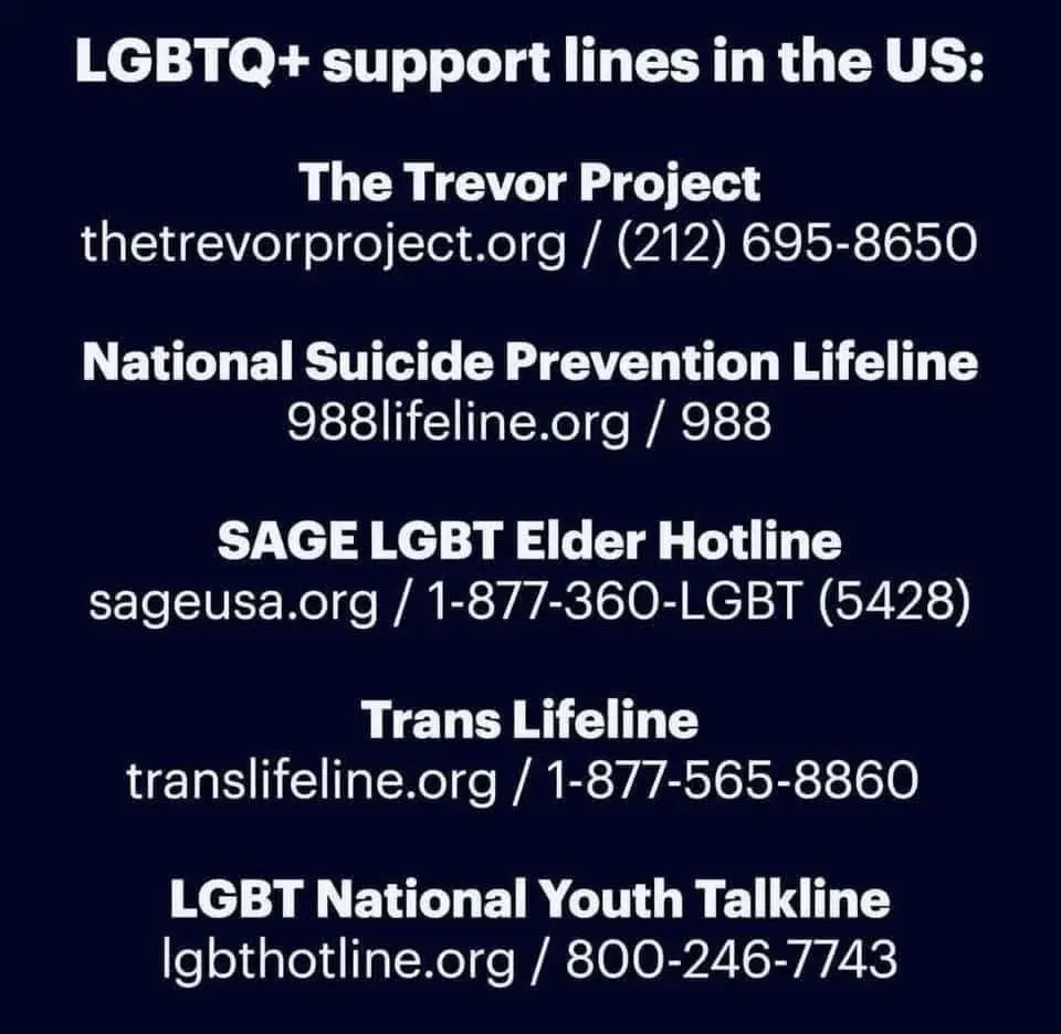A dark blue informational graphic lists five U.S. LGBTQ+ support lines with their names, websites, and phone numbers. The…