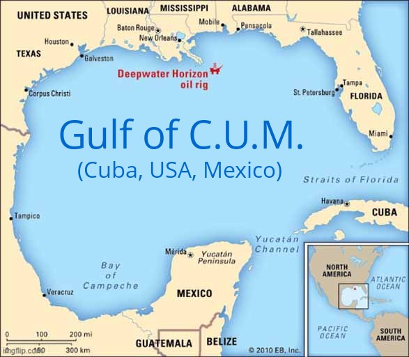 A map of the Gulf of Mexico with the title 'Gulf of C.U.M. (Cuba, USA, Mexico)' overlaid in large blue text. The map shows…