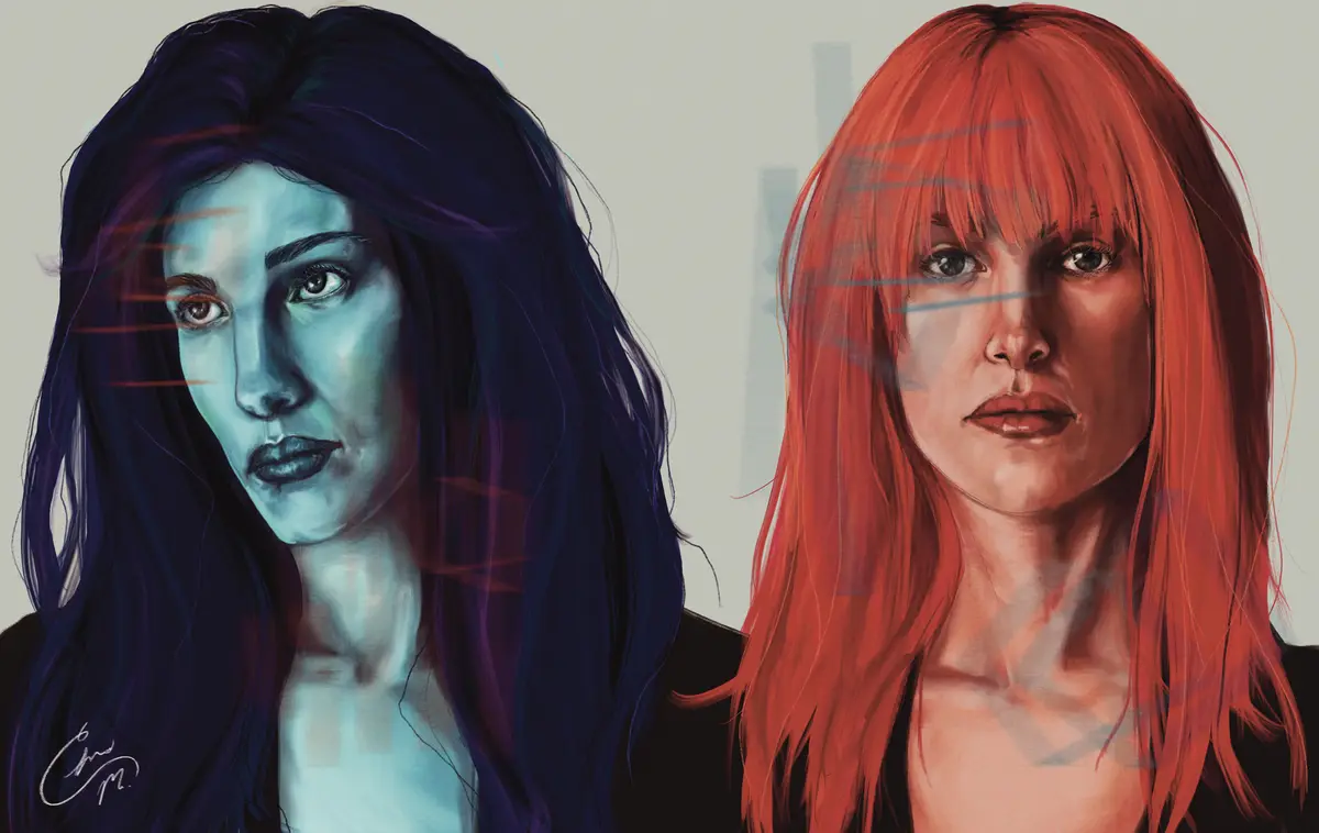 An illustration shows two women side by side, one with blue-tinted skin and dark hair, the other with red hair and…