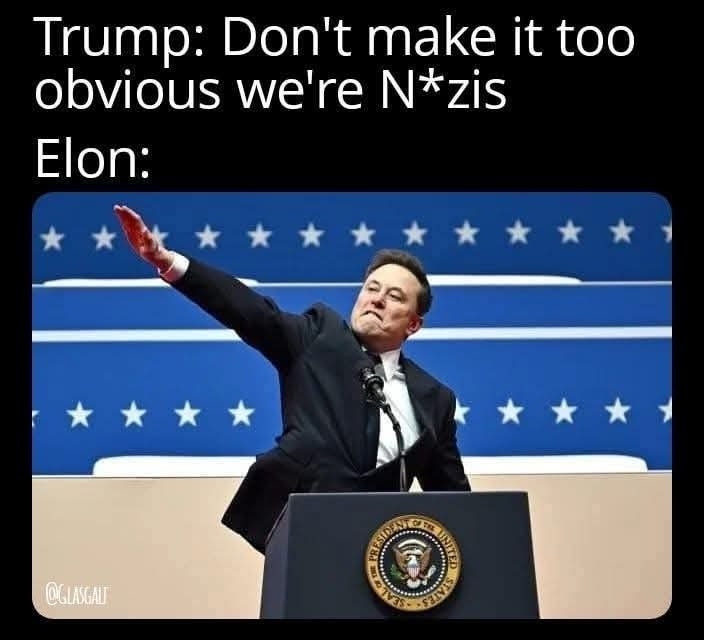 A man in a dark suit stands at a podium with the Presidential Seal, raising his right arm in a Nazi salute against a blue…