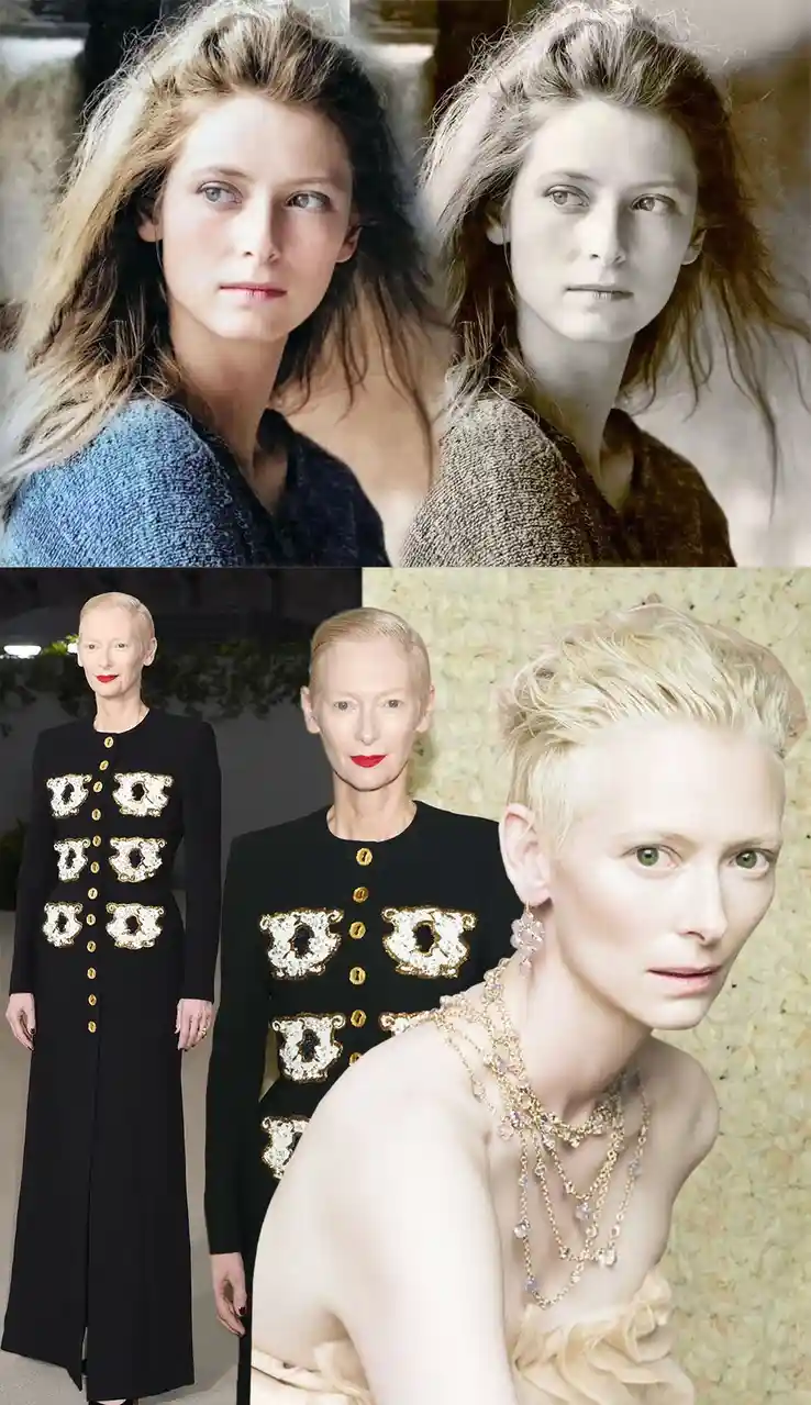 The image displays four photos of actress Tilda Swinton: two in a youthful, natural look with messy hair and neutral…
