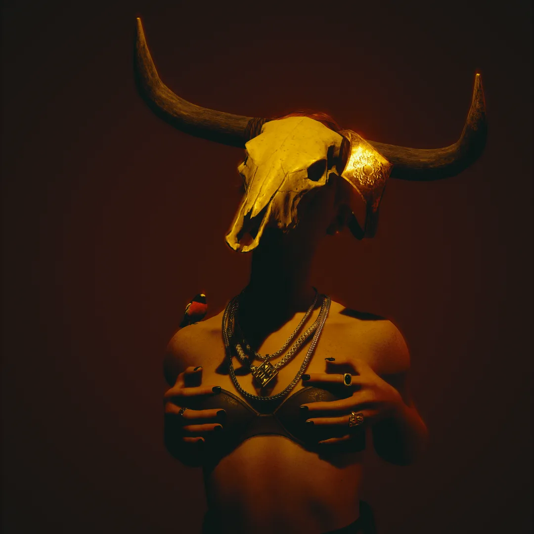 A person with a bull skull for a head, wearing a bra and multiple necklaces, with a small bird perched on their shoulder…