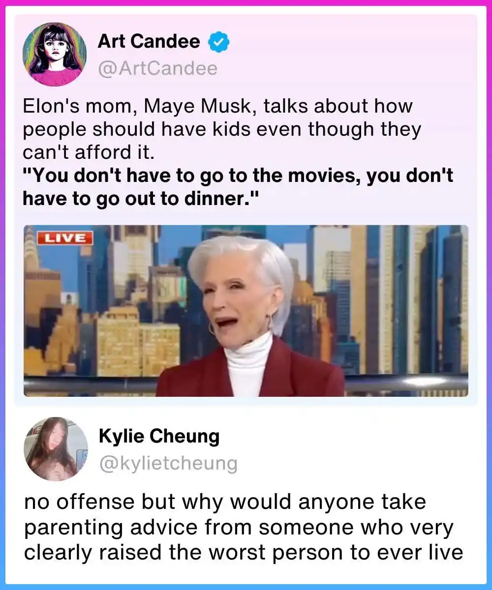 A screenshot of two Twitter posts. The top post by Art Candee shows a clip of Maye Musk on a news show with the text 'Elon's…