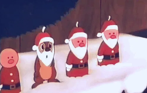 a sequence of cartoon frames shows a hand lighting candles on three santa claus figurines arranged in a row in the snow. The…