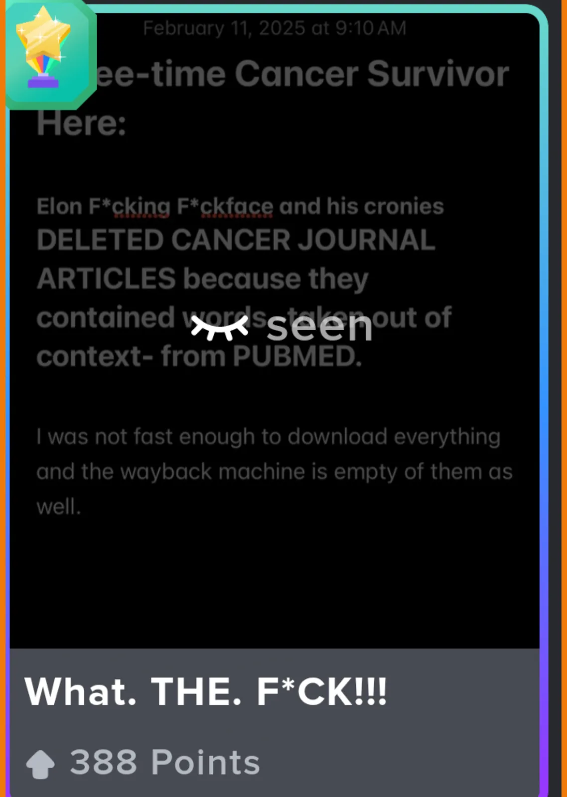 A screenshot of a Reddit post from a 'three-time cancer survivor' alleging that Elon Musk and his associates deleted cancer…