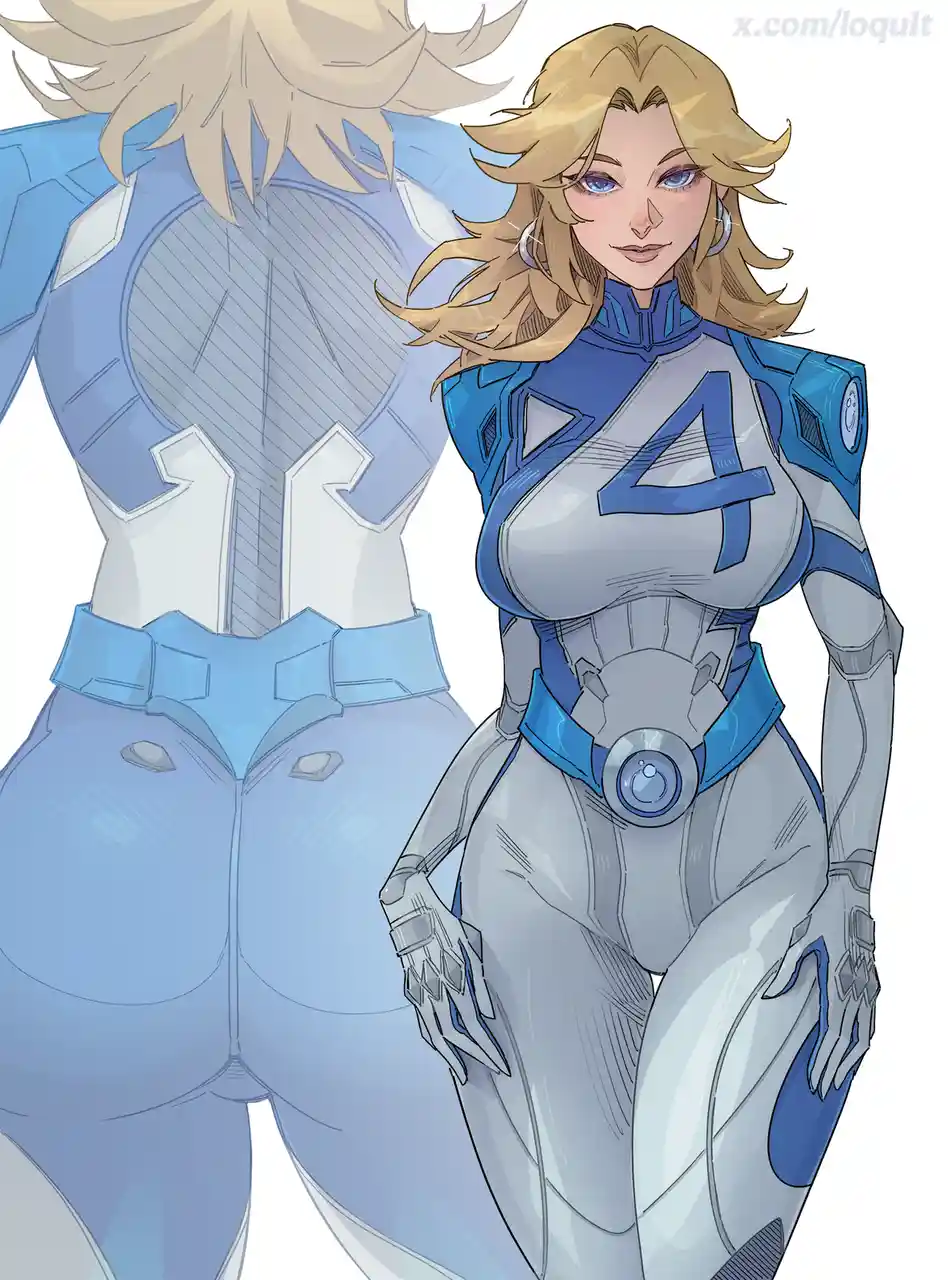 An anime-style illustration shows a female character in a blue and silver futuristic suit with a large number '4' on her…