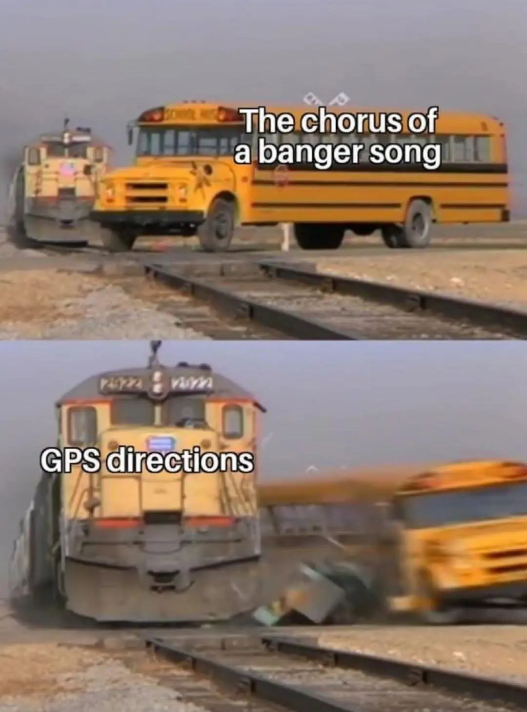 The top panel shows a yellow school bus and a train on parallel tracks, with text overlay reading 'The chorus of a banger…