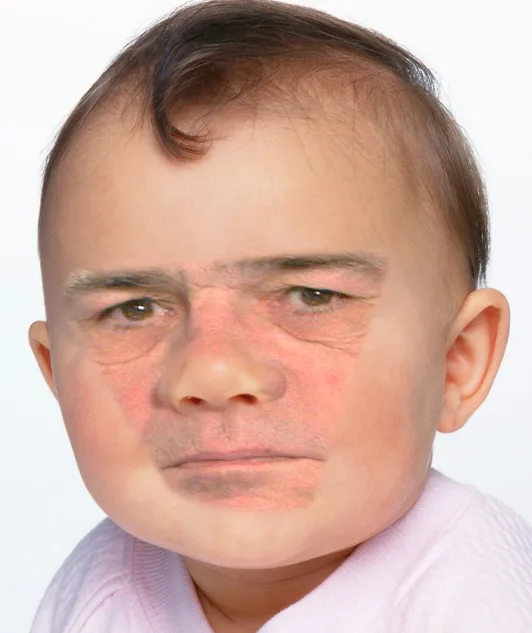 A close-up photo of a baby with a very serious, frowning expression, cheeks flushed red, wearing a light pink shirt against…