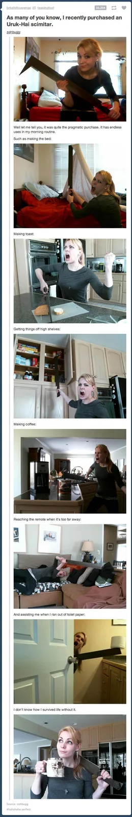 A woman humorously demonstrates the 'pragmatic' uses of a large, curved sword (Uruk-Hai scimitar) in her home, using it to…