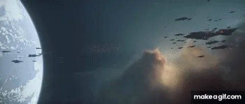 A six-panel gif from the game 'Mass Effect 2' shows a spaceship battle with explosions and a planet in the background…