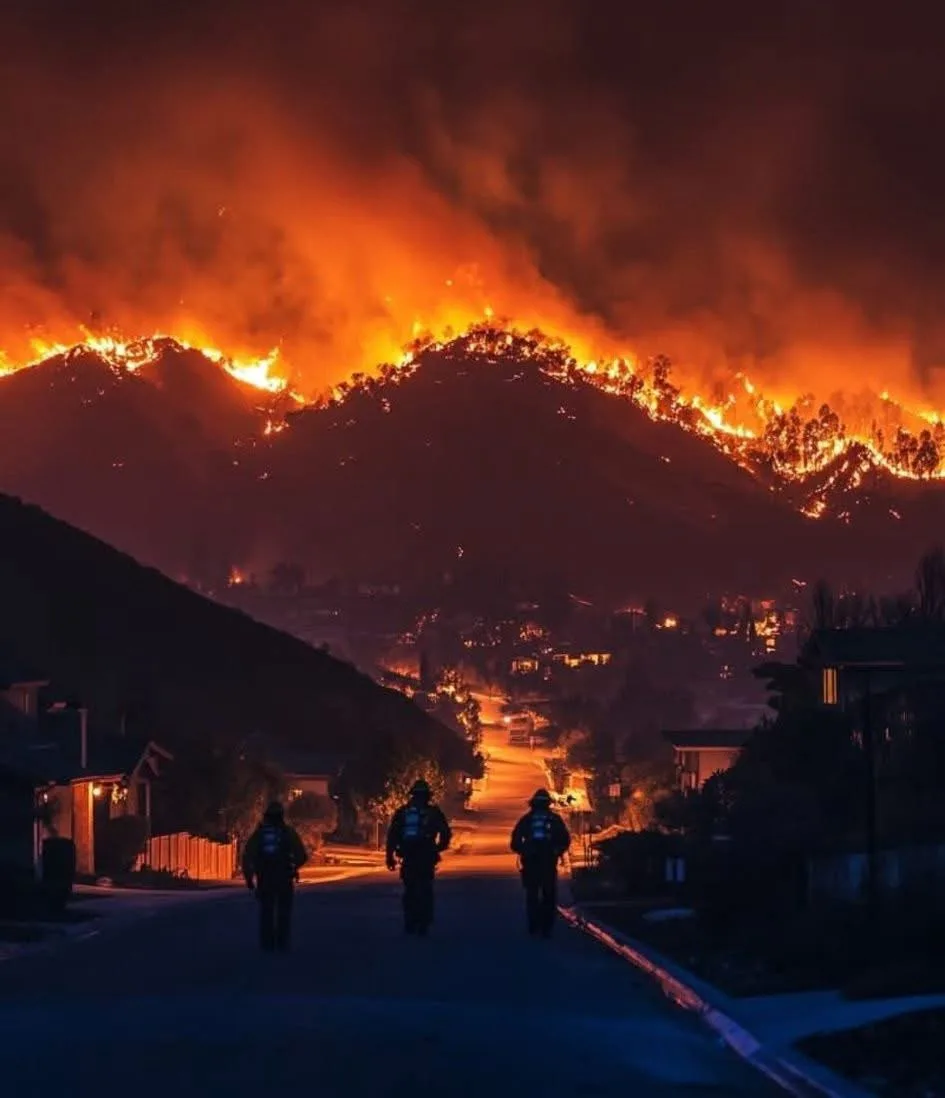 Three firefighters in full gear walk down a dark residential street toward a massive wildfire burning intensely across the…