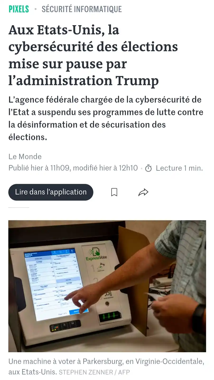 A screenshot of a French news article from Le Monde with the headline 'Aux Etats-Unis, la cybersécurité des élections mise…