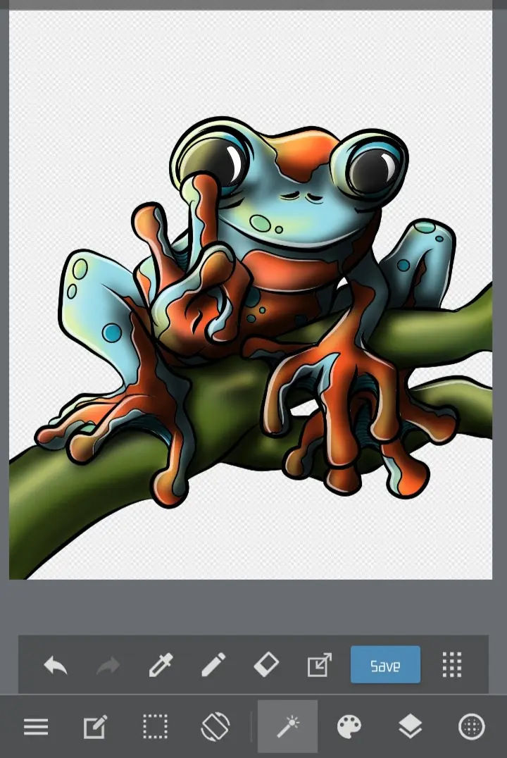 A cartoon frog with large eyes and orange-blue coloration sits on a green branch, making a peace sign with one hand while…