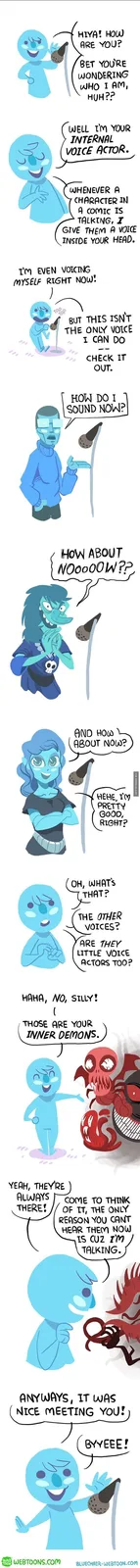 A comic strip features a blue, translucent character introducing itself as the 'internal voice actor' who provides voices…