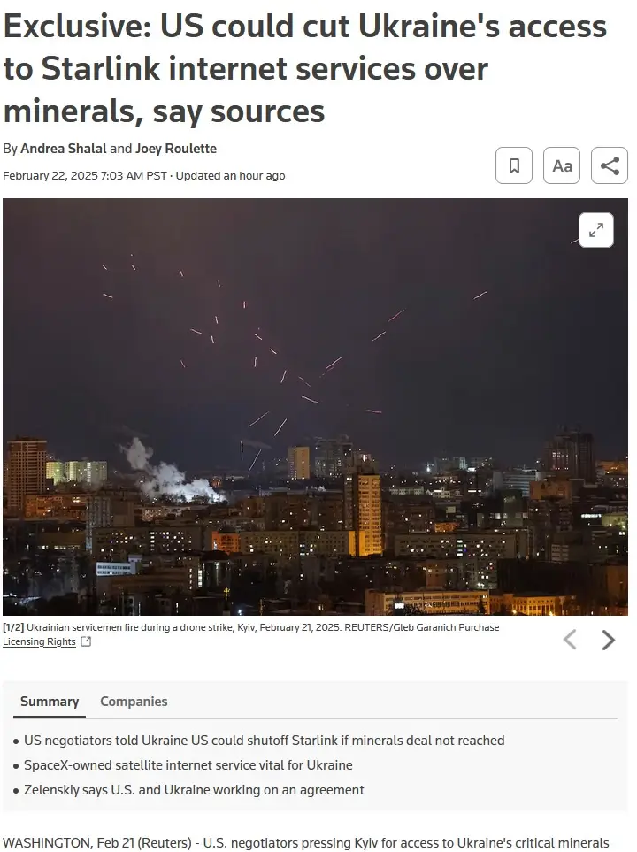 A screenshot of a Reuters news article from February 22, 2025, featuring a nighttime photo of Kyiv with red streaks from…