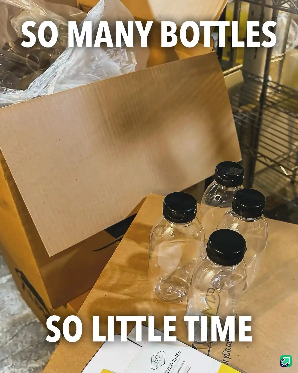An open cardboard box filled with plastic bottles, with four bottles with black caps sitting on top. White text overlays the…