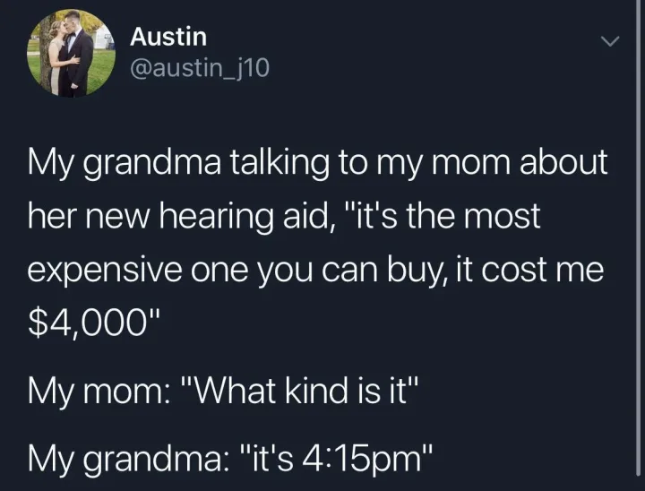 A screenshot of a tweet by user Austin (@austin_j10) showing a humorous anecdote. The text describes a conversation where a…
