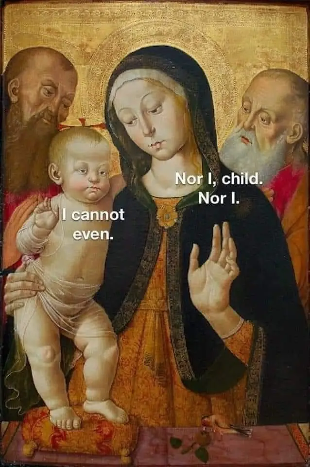 A classical religious painting depicts the Virgin Mary holding the infant Jesus, flanked by two saints. The baby Jesus has a…