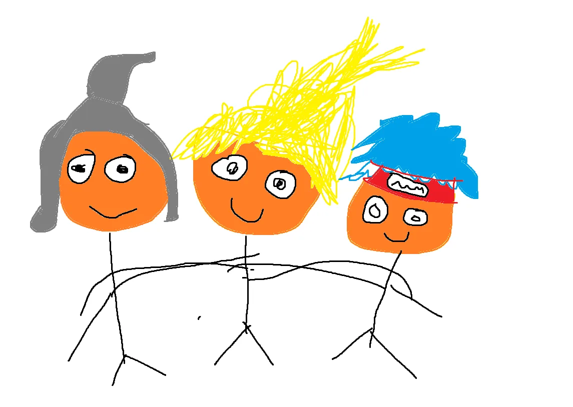 A simple stick-figure drawing shows three orange-faced characters with stick bodies. The left figure has gray hair in a…