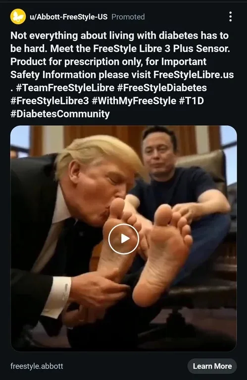 A screenshot of a social media ad for a diabetes monitoring device, featuring a manipulated image where Donald Trump is…