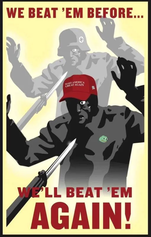 A stylized propaganda poster shows a dark silhouette of a man in a 'Make America Great Again' cap and a frog pin, holding a…