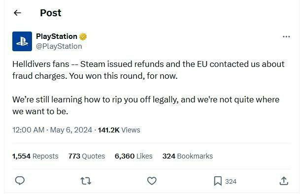 A screenshot of a PlayStation Twitter post from May 6, 2024, showing the official account's tweet acknowledging that Steam…