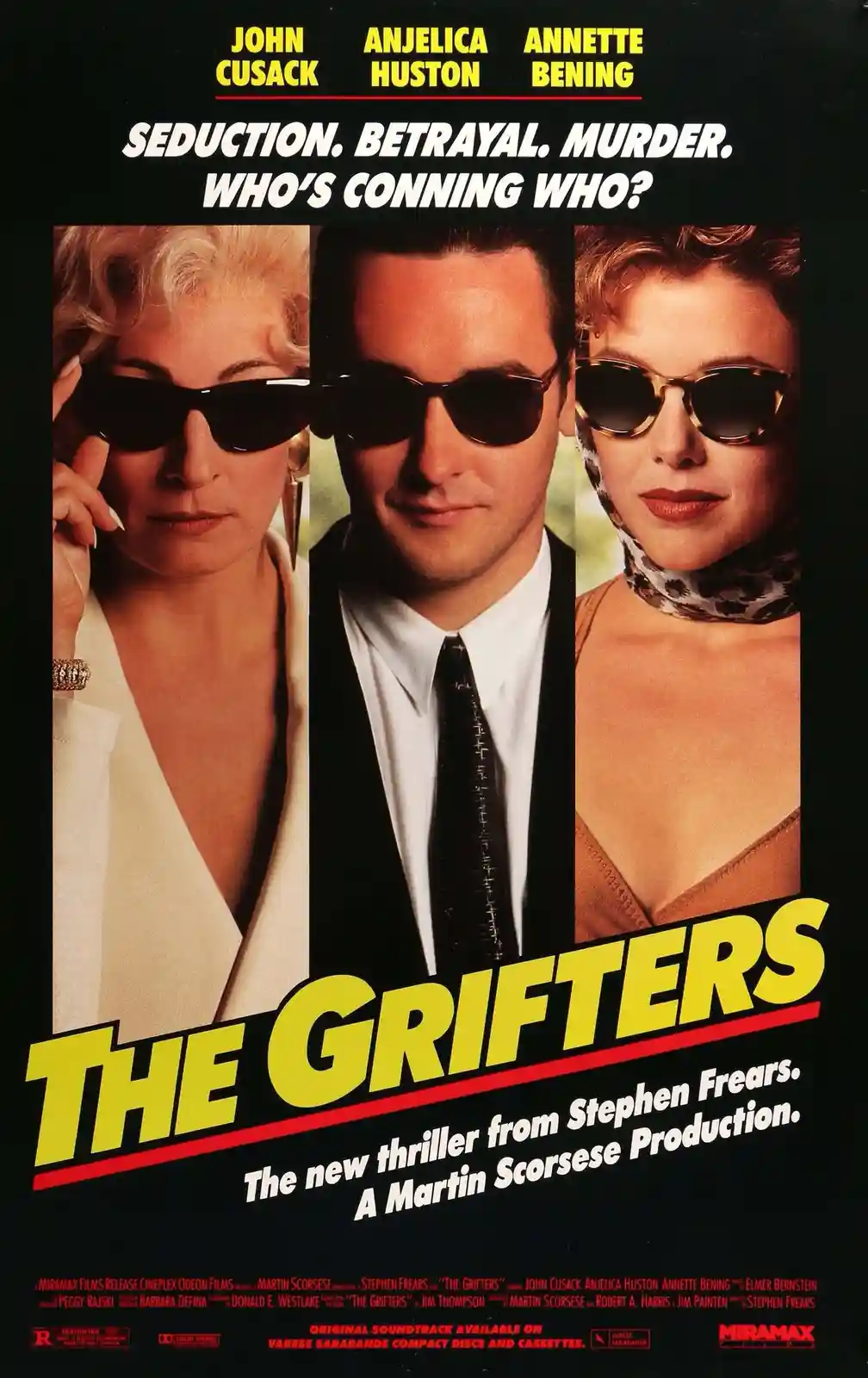 A movie poster for 'The Grifters' featuring three people in sunglasses, with the tagline 'Seduction. Betrayal. Murder. Who's…