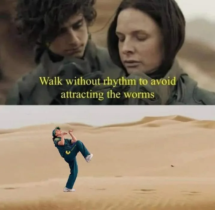 Top panel shows two characters in a desert scene with yellow text reading 'Walk without rhythm to avoid attracting the…
