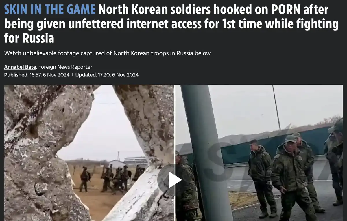 The image shows a news article header with a video thumbnail split into two scenes: one showing soldiers marching through a…