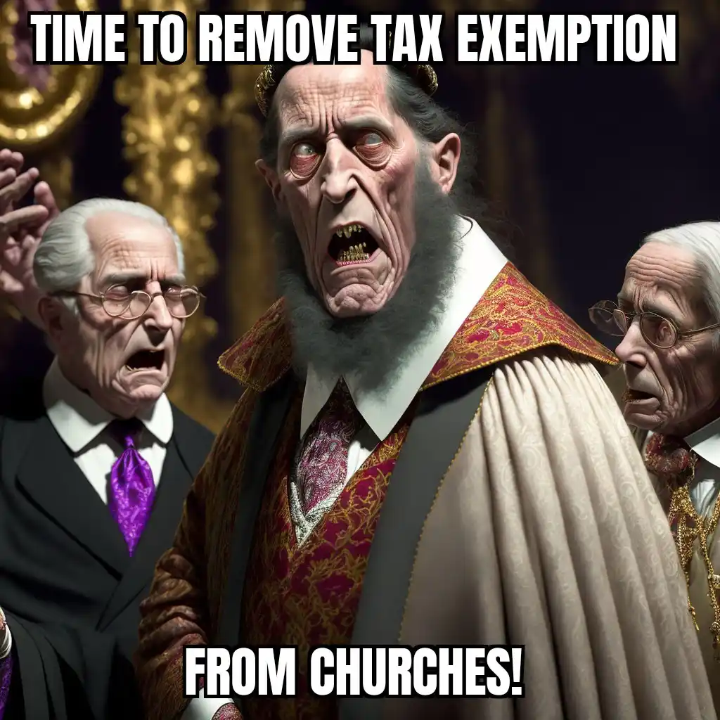 An image shows a grotesque, demonic-looking man with horns, a long beard, and ornate robes, flanked by two elderly men in…