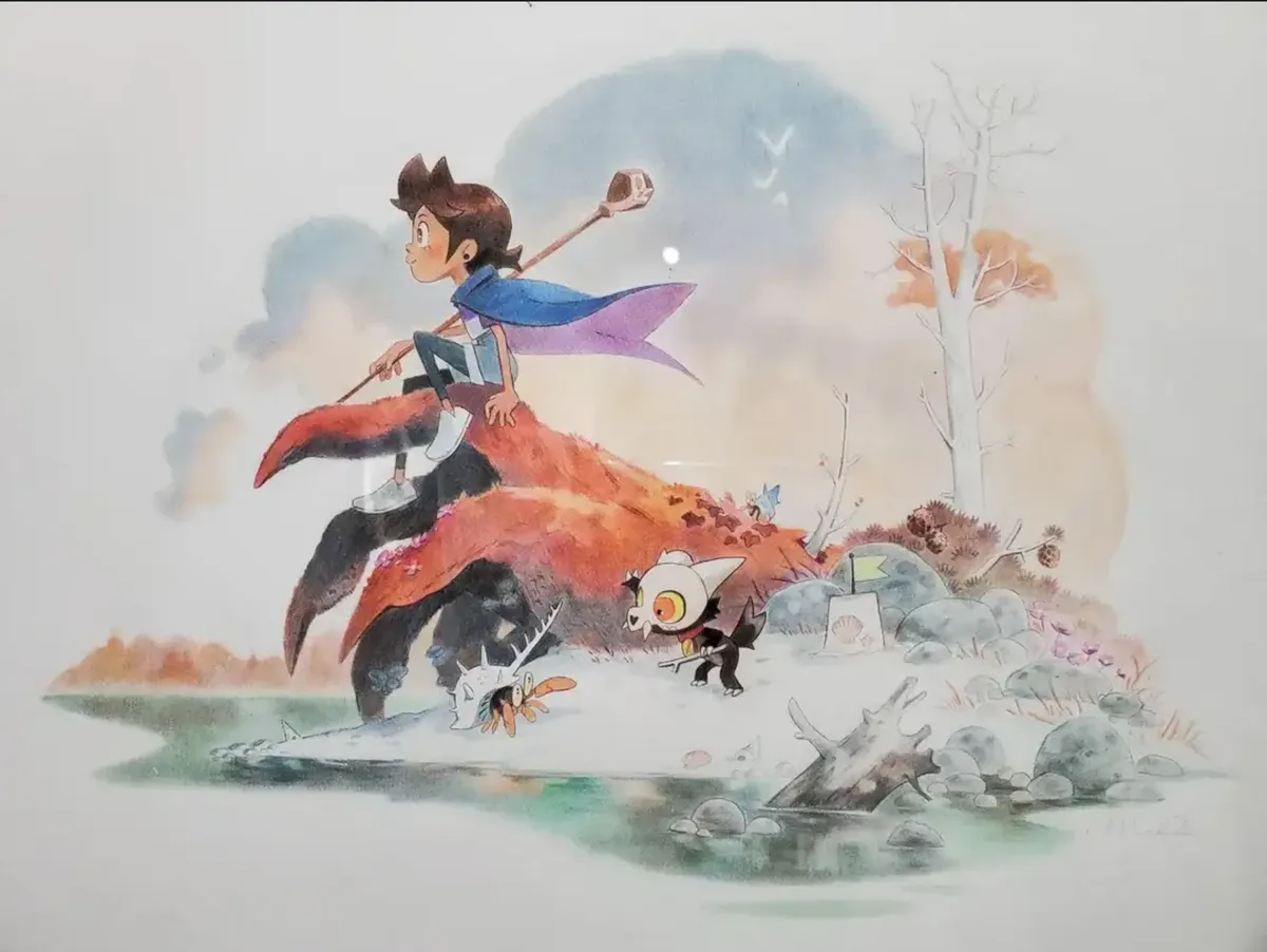 A watercolor illustration shows a young boy with brown hair, wearing a blue and purple cape and holding a wooden staff…