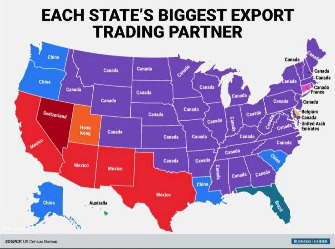 A map of the United States with each state colored to indicate its biggest export trading partner, labeled with country…