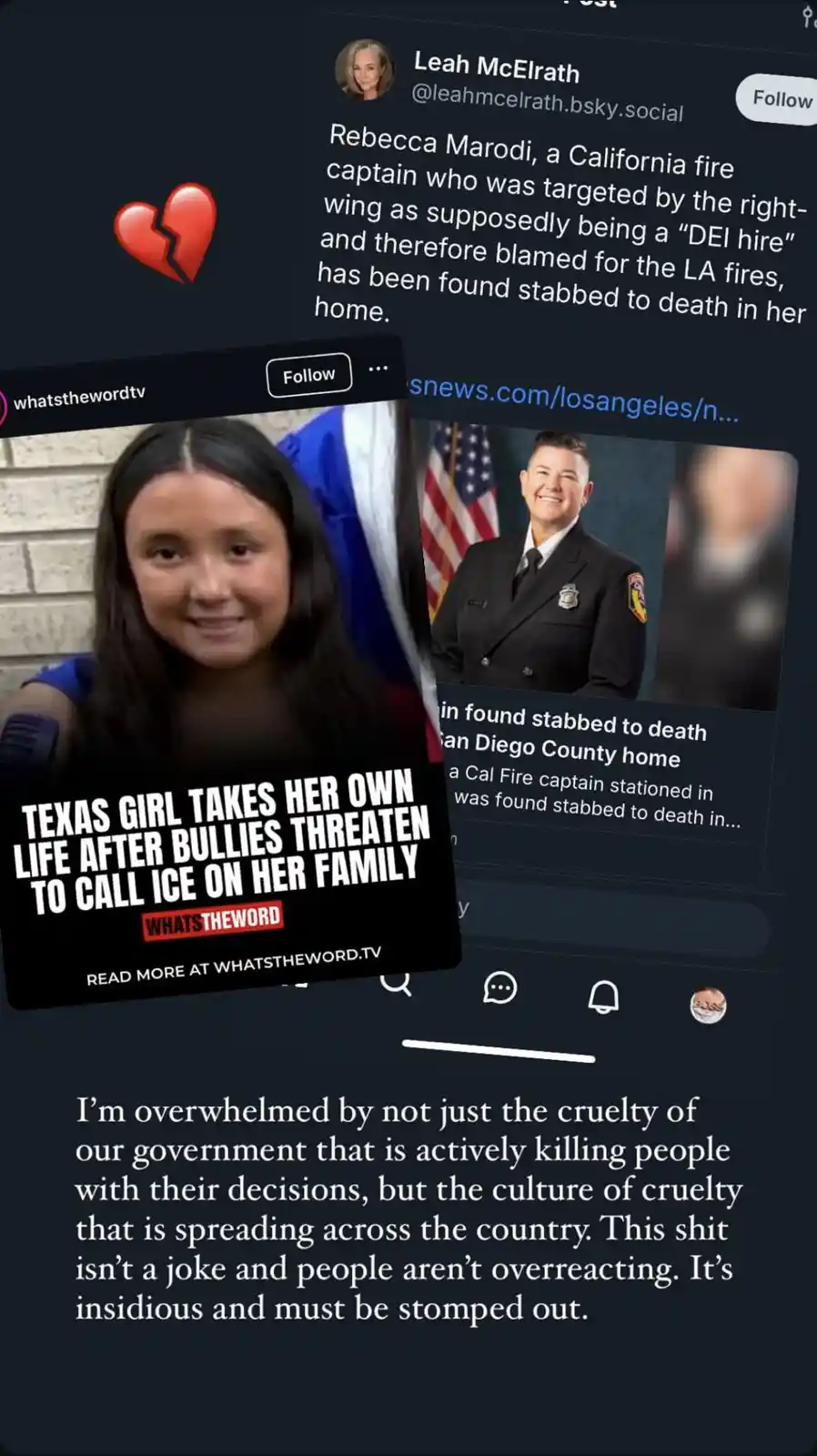 The image displays a screenshot of social media posts. One post by Leah McElrath reports the death of California fire…