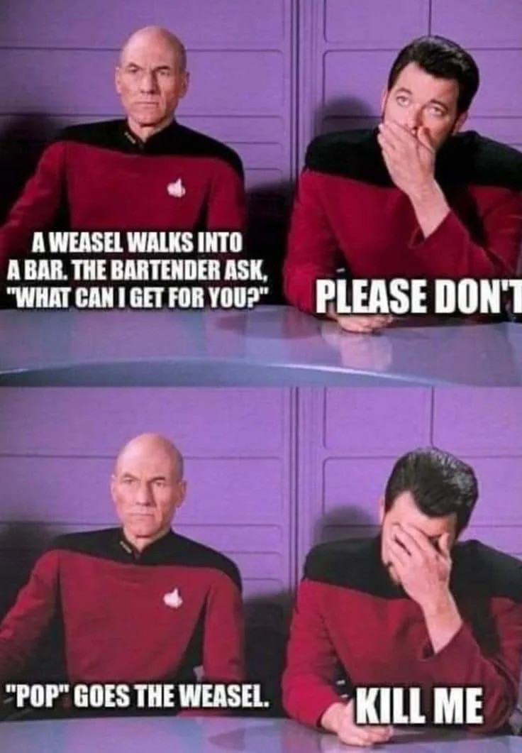 Two men in Starfleet uniforms sit at a bar. The top panel shows one man looking serious while the other covers his mouth in…