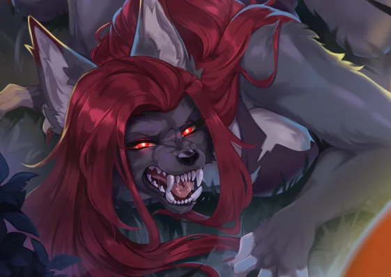 A digitally illustrated anthropomorphic wolf with long red hair, glowing red eyes, and sharp teeth bares its fangs in a…