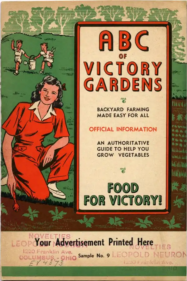 A vintage 1940s American propaganda poster titled 'ABC of Victory Gardens,' featuring a smiling woman in red overalls…