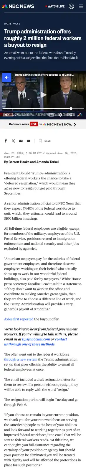 An image of an NBC News article headline about the Trump administration offering federal workers a buyout to resign. The…