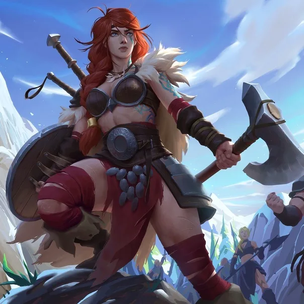 A female warrior with red hair, wearing armor and holding a large axe and shield, stands confidently on a snowy mountain…