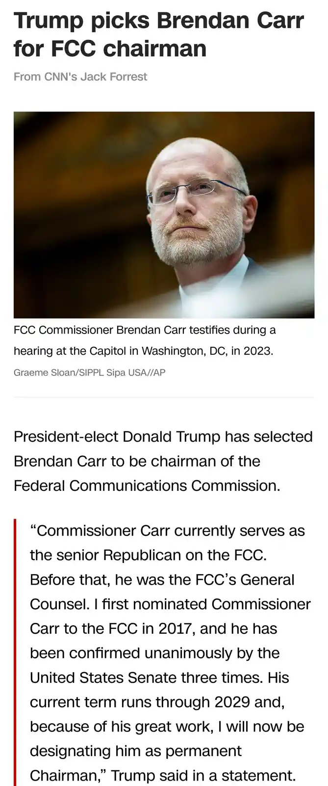 A screenshot of a CNN news article shows a photo of Brendan Carr, a bald man with glasses and a beard, looking serious. The…